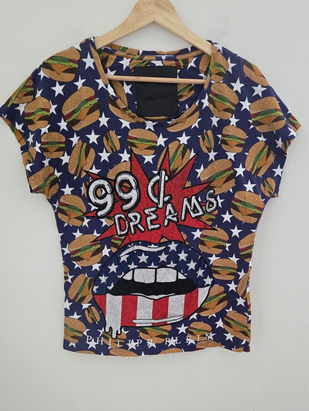 Philipp Plein 99¢ Dreams Hamburger Rhinestone Graphic T-Shirt Blue M
